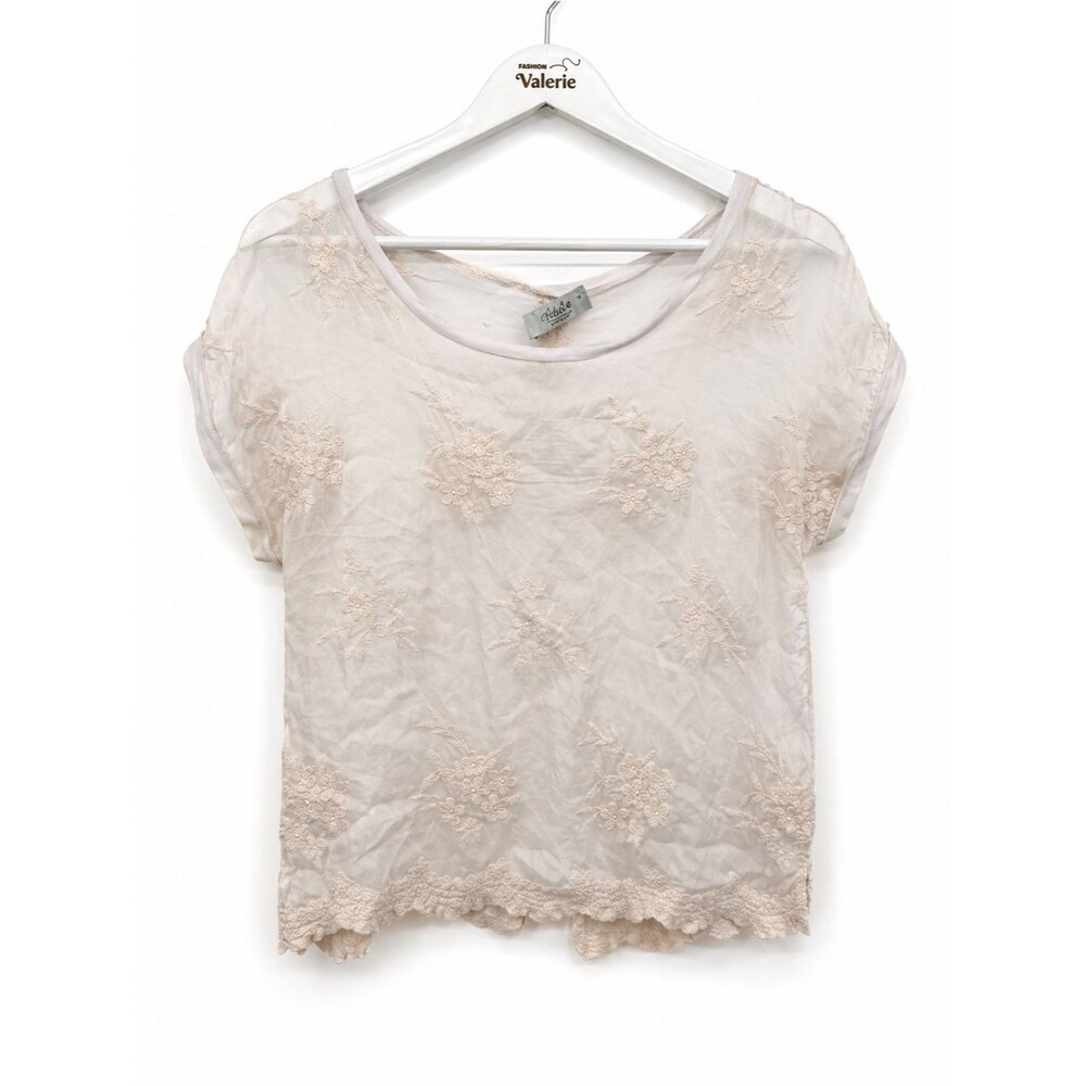 Angela Moda Ivory Lace Sheer Short Sleeve Top Silk Blend Coquette Floral Small